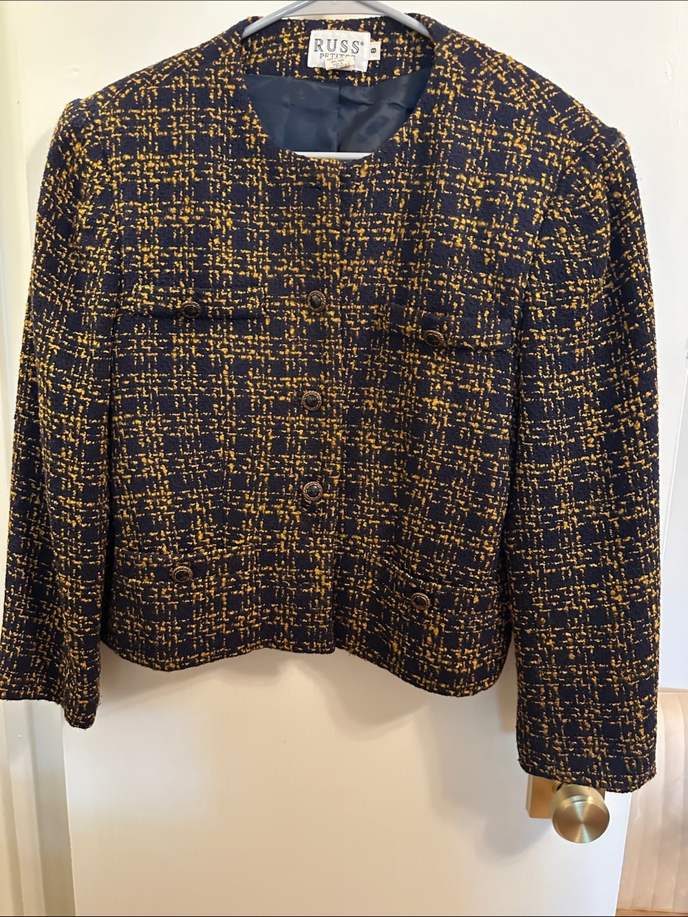 Russ Navy and Gold Tweed Boxy Button Jacket Size 8